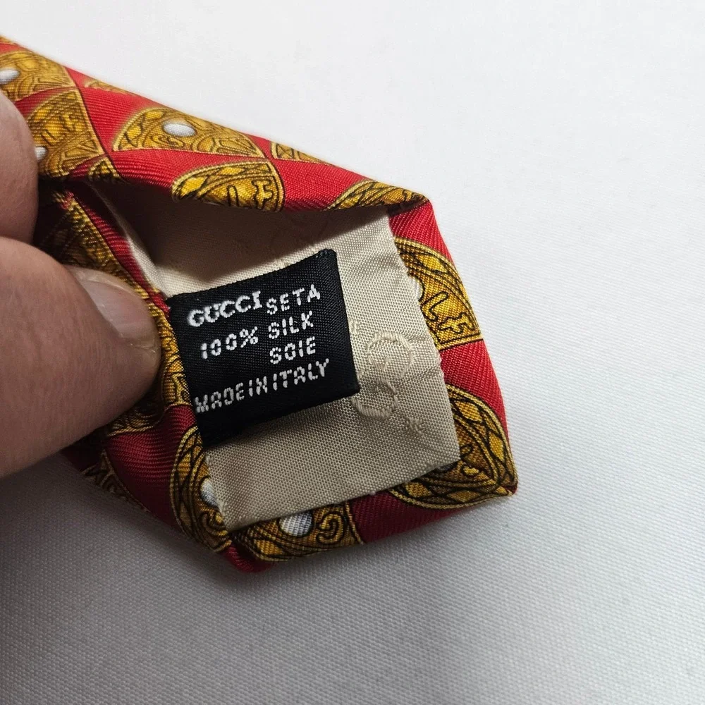 Gucci Mens‎ Silk Tie Red Gold Golf Ball Fan Pattern Italy Luxury Necktie 4